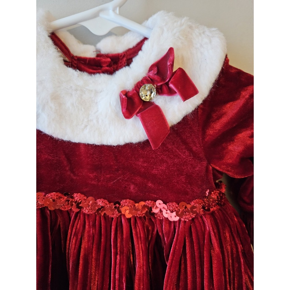 Blueberi Boulevard Baby Girl Red Velvet Holiday Dress 3–6M Faux‎ Fur Collar Xmas - Picture 2 of 8